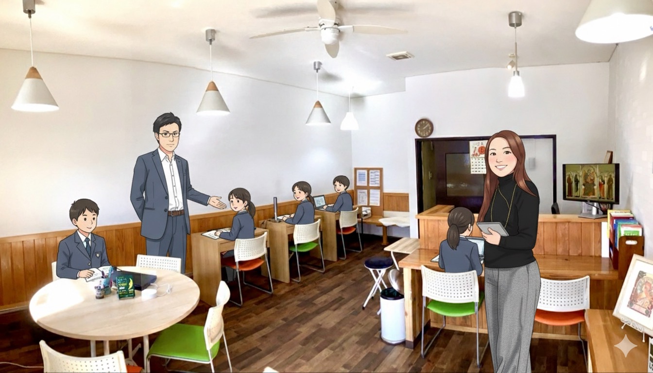 カフェ空間で学ぶ生徒たち